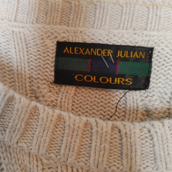VINTAGE 80-90's ALEXANDER JULIAN COLOURS Cable Knit Crewneck Sweater, Ivory XXL - Picture 3 of 9